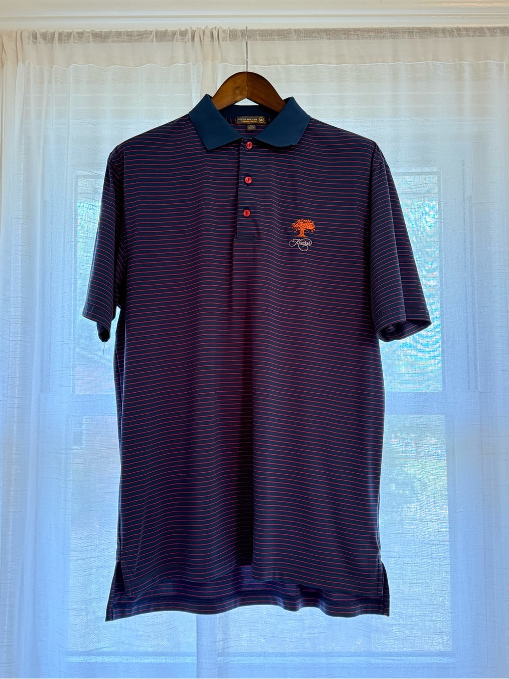 Peter Millar Navy Polo with Dark Pink Stripes and Branded Orange Tree Logo